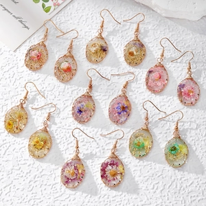 Handmade Resin Dried Flower Drop Earrings With Stainless Steel Earring Hook Gold Wire Wrapped Boho Women Jewelry