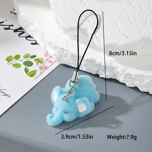 Detail showing dimensions of blue flocked elephant keychain with synthetic fur texture