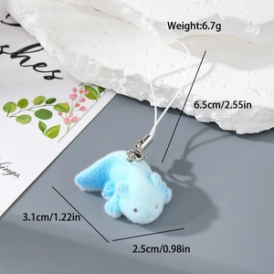 Detail of blue flocked axolotl charm showing plush texture and white lanyard attachment