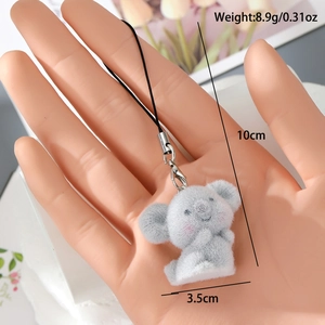 Cute grey flocked koala keychain and phone strap with soft plush texture and lobster clasp