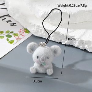 Gray flocked koala keychain with green leaf, 10cm height and 7.8g lightweight design