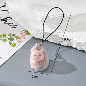 Pink flocked hedgehog charm with grey faux fur and black lanyard 9.7cm length