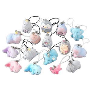 Set of 15 cute flocked resin animal keychains including axolotl and rhino pendants