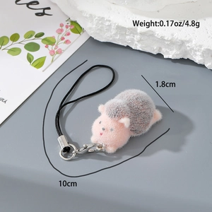 Pink and grey flocked hedgehog keychain with metal clasp and woven strap 1.8cm length