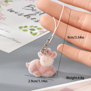Cute flocked resin deer keychain with soft pink fur texture for bags or phones