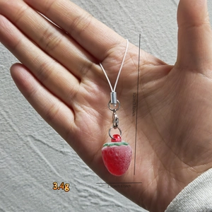 Detail showing dimensions of flocking resin strawberry charm with metal clasp