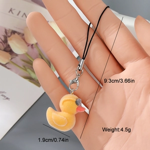 Detailed view of 1.9cm yellow flocked duck pendant with size and weight dimensions
