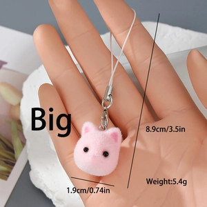 Detail view of pink flocked kitten keychain with dimensions 8.9cm and silver lobster clasp