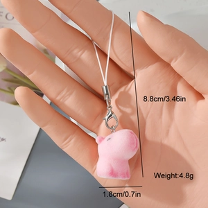 Pink flocked capybara charm keychain showing total length of 8.8cm and 4.8g weight