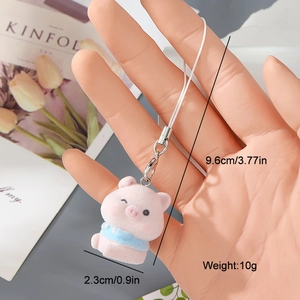 Cute pink flocked resin pig keychain with blue scarf and silver metal clip 9.6cm