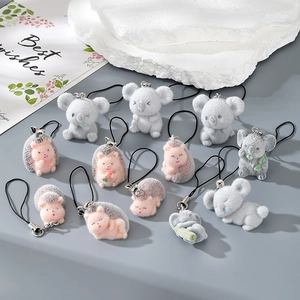 Cute Flocked Resin Animal Keychain Koala Hedgehog Phone Charm Bag Pendant Mini Cartoon Animal Keyring Accessory For Women Kids