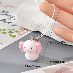 Detail of pink flocked axolotl charm showing dimensions of 2.4cm height and 9.2cm total length