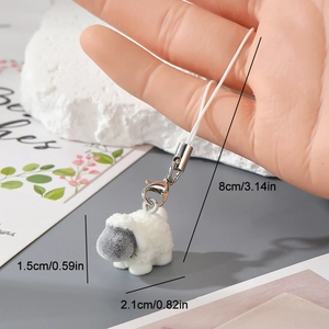 Size display of a cute flocked resin sheep charm with measurements and lobster clasp