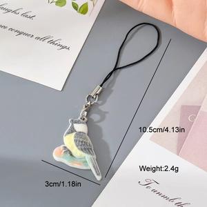 Detailed view of flocked tit bird keychain with dimensions 10.5cm and 2.4g weight
