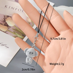 Handheld mini grey flocked koala charm with black nylon cord and metal clip for bags