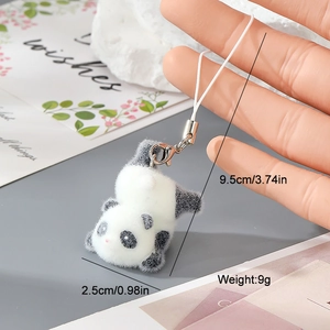 Close-up of a mini flocked panda pendant with white lanyard and lobster clasp
