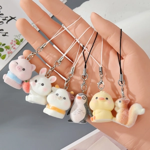 Cute flocked resin animal charms including pig, rabbit, and cow with colorful lanyards