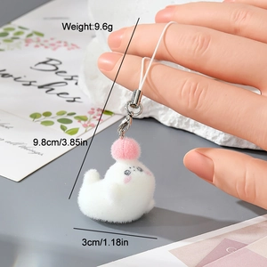 Cute white flocked seal keychain with pink pompom and woven strap for mobile phones