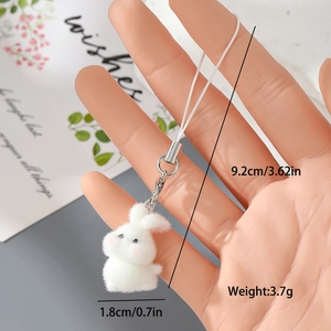 Cute flocked white rabbit charm with elastic strap and metal buckle, weight 3.7g