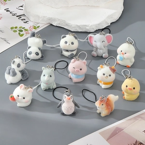 Cute Flocked Resin Animal Keychain Charm Mini Panda Pig Rabbit Pendant Bag Decor Phone Strap Accessory For Women Girls Gift