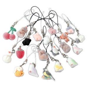 Cute flocked animal and fruit charms in various pastel shapes for bags and phones