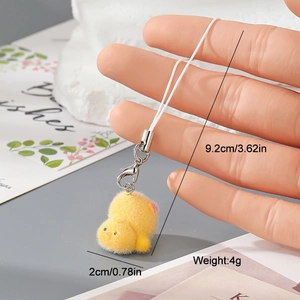 Detailed view of yellow flocked duckling keychain with dimensions and silver clasp