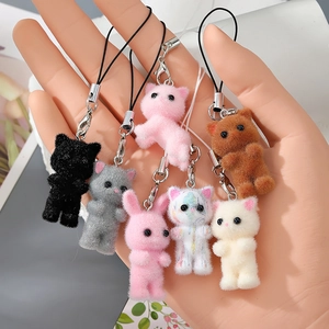 Colorful flocked resin kitten charms with durable metal clasps and black mobile lanyards