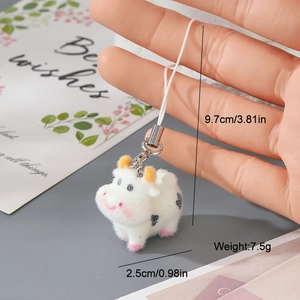 Vue détaillée du mini porte-clés vache floqué avec dimensions et carte cadeau