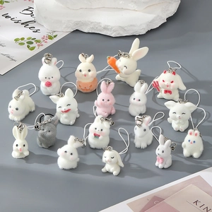 Cartoon Flocked Resin Animal Keychain Cute Rabbit Cat Small Charm For Phone Bag Decoration Mini Plush Texture Trinket