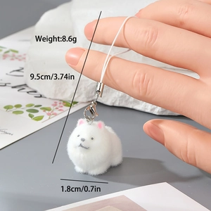 Détail du porte-clé chien blanc floqué avec dimensions de 9,5 cm et fermoir mousqueton