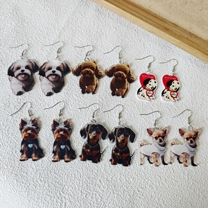 Detailweergave van zes paar acryl honden oorbellen met verschillende rassen en glanzende afwerking