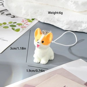 Detailed view of flocked Corgi resin puppy pendant showing 3cm height and 6g lightweight size