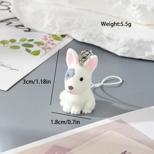 Detailed size chart for the 5.5g white flocked puppy dog keychain with dimensions