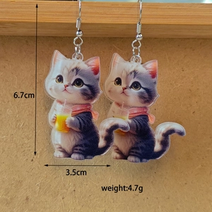 Detailed view of acrylic cat earrings with specific size dimensions and weight display