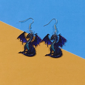Ausgefallene doppelseitige Pterodactylus-Ohrringe aus Acryl mit blau-violettem Farbverlauf