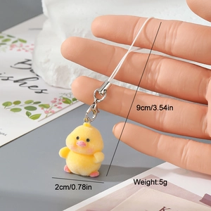 Cute yellow flocked duck keychain with silver lobster clasp and white lanyard, 9cm height
