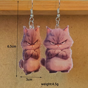 Detail view of double-sided acrylic cat earrings with silver hooks and size measurement
