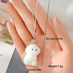Size detail of the cute white bichon puppy keychain showing dimensions and lobster clasp