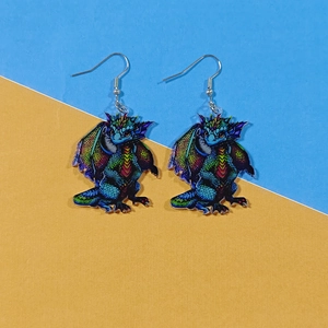 Lebhafte Acryl Pterosaurier Dinosaurier Ohrhänger mit buntem doppelseitigem Druckdesign