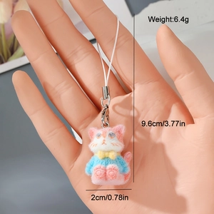Detail view of pink flocked kitten keychain showing 9.6cm height and 6.4g lightweight