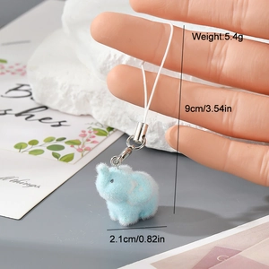Detail showing blue flocked elephant keychain with 5.4g weight and 9cm lanyard length