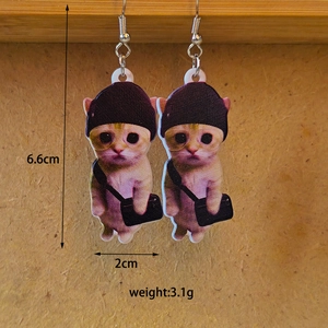 Close-up of acrylic earrings showing cute cat design with dimensions 6.6cm and 2cm