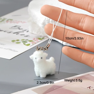 Cute white flocked sheep keychain pendant with dimensions and weight measurements shown