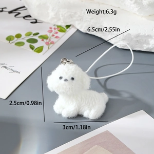 Detailed size specifications of white flocked resin puppy keychain with 6.3g weight