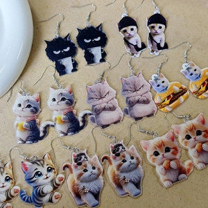Detailed macro view of assorted acrylic cat earrings with colorful double-sided prints