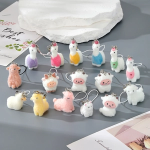 Cute Flocked Resin Animal Keychain Cartoon Alpaca Sheep Plush Phone Chain Pendant For Bag Jewelry Gifts For Women Kids