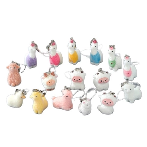 Cute flocked resin alpaca and sheep plush keychains in various macaron colors
