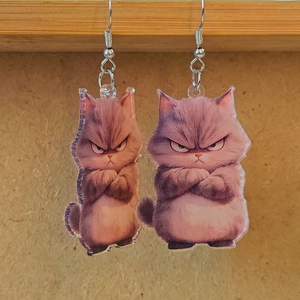 Detail of funny double-sided acrylic earrings with grumpy grey cat illustration and silver hooks