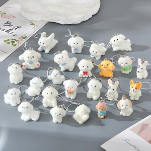 Cute Flocked Resin Dog Keychain Mini Animal Phone Charm Pendant For Bags Wallets Kawaii Puppy Figurine Keyring Accessory Gift