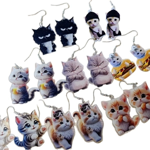 Cute acrylic cat earrings featuring various cartoon cat patterns and silver metal hooks